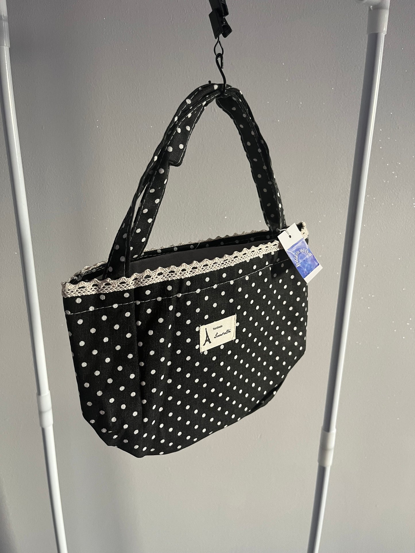 Black Polkadot Drawstring Bag